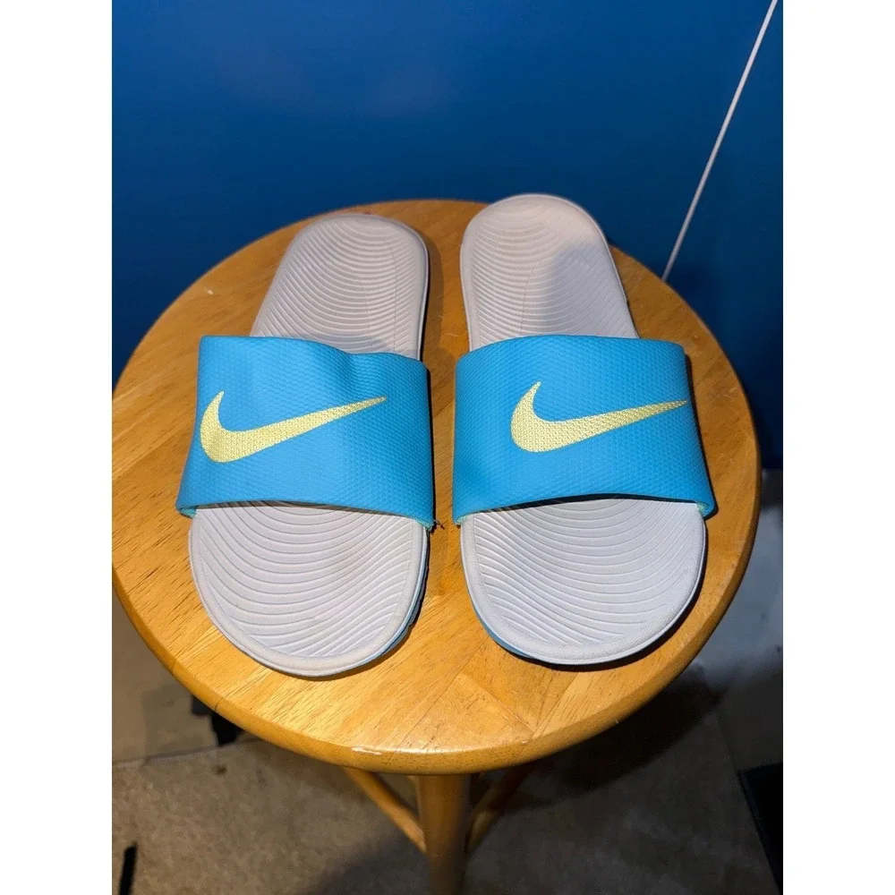 Nike Kawa Slides Blue Grey Yellow Swoosh Athletic Comfort Sandals‎ US 8